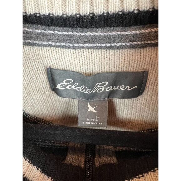 EDDIE BAUER mens black gray striped wool blend zip mock neck sweater pullover L - Picture 3 of 6
